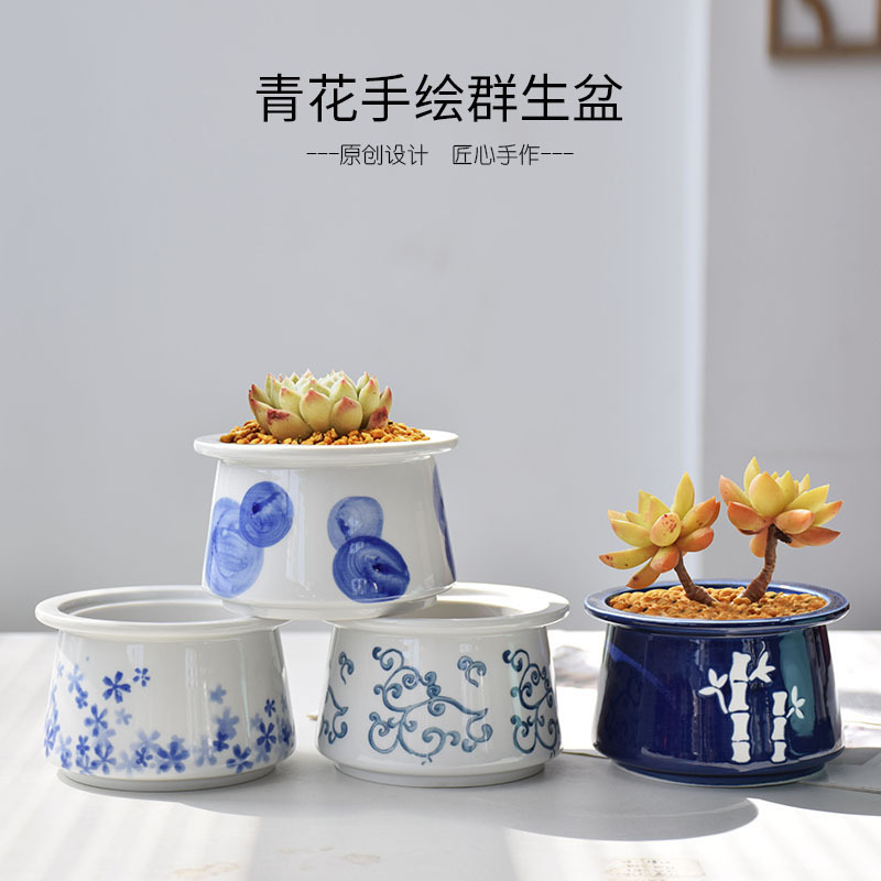 厂家新品推荐手绘青花老桩群生大口径多肉植物花盆陶瓷桌面绿植盆