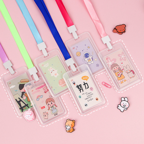 Creative cartoon transparent ID card holder for students with lanyard waterproof employee work badge bus card holder wholesale