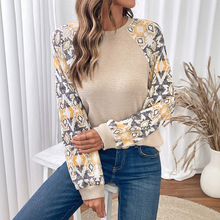 跨境女装俄罗斯2025秋冬爆款打底上衣欧美拼接长袖圆领民族风T恤