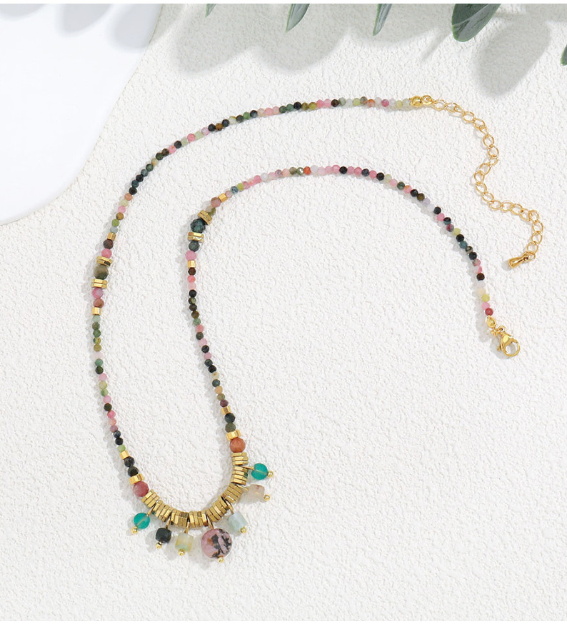 Linglang Boho Style Beaded Necklace Tourmaline Natural Stone Gold-plated Choker Handmade Vintage Jewelry
