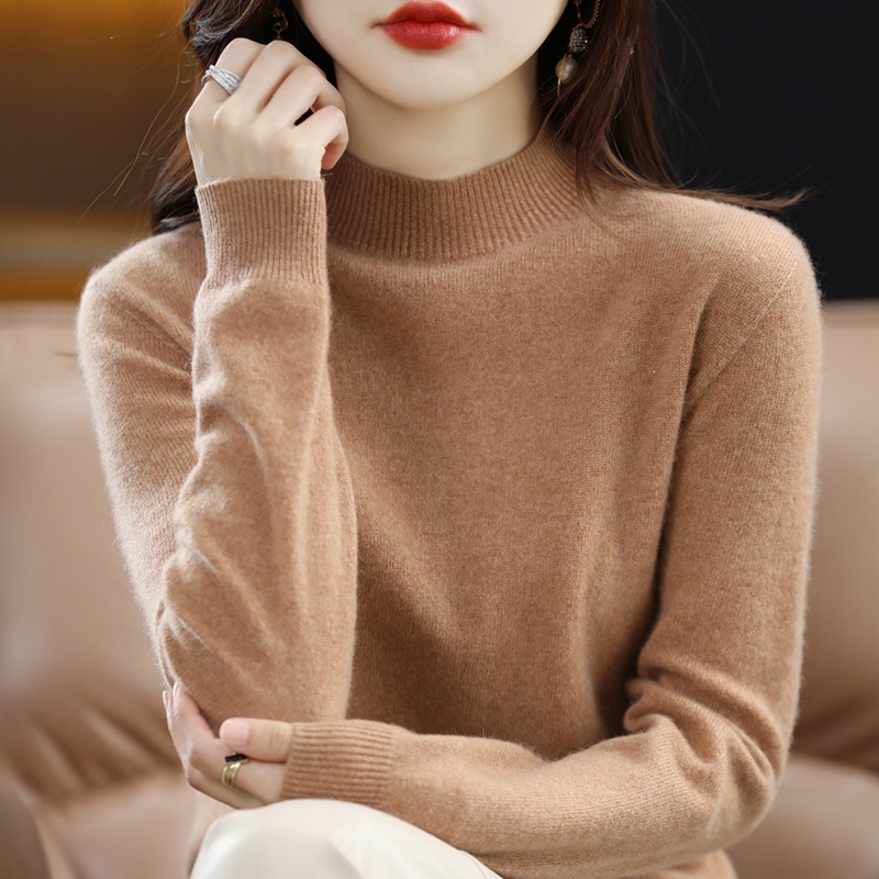 Primavera camisa de fondo popular suéter de las mujeres medio cuello alto suéter de color sólido de moda todo-fósforo entrega de una sola pieza image 3