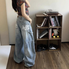 大きいサイズのアメリカのレトロな高街の国の潮のアルファベットのプリントのデザインのカーブの刀のジーパンの百合のカジュアルなストレートの広腿のズボン