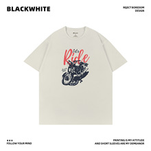 抗菌短袖T恤 公路旅行风摩托车浅灰色重磅落肩半袖潮酷情侣款Q590