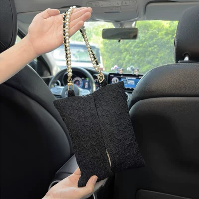 Car Tissue Box Seersucker Small Fresh Decoration Car Paper Box Car Chair Back Hanging Storage Tissue Bag (Car tissue box/set) - seersucker-hanging-tissue-box-black