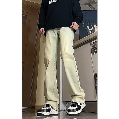 Casual American-style high-street basic washed, vintage-look, uniquely dyed in yellowish-brown Vibe-style mid-rise straight-leg denim pants