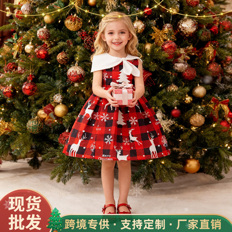 Navidad transfronteriza nuevo vestido de niña vestido de impresión a cuadros vestido de princesa de cascada vestido de princesa de cuello inclinado vestido de princesa