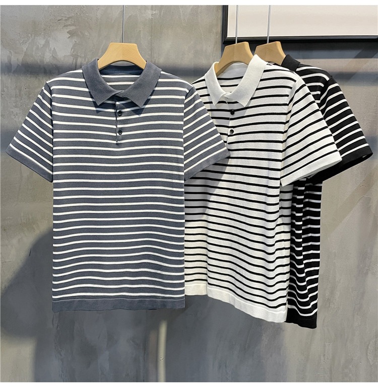 Men's Slim Fit Polo Shirt Striped Short Sleeve Ice Silk T-Shirt Business Casual Lapel Summer Top POLO Clothing_viptrois.com