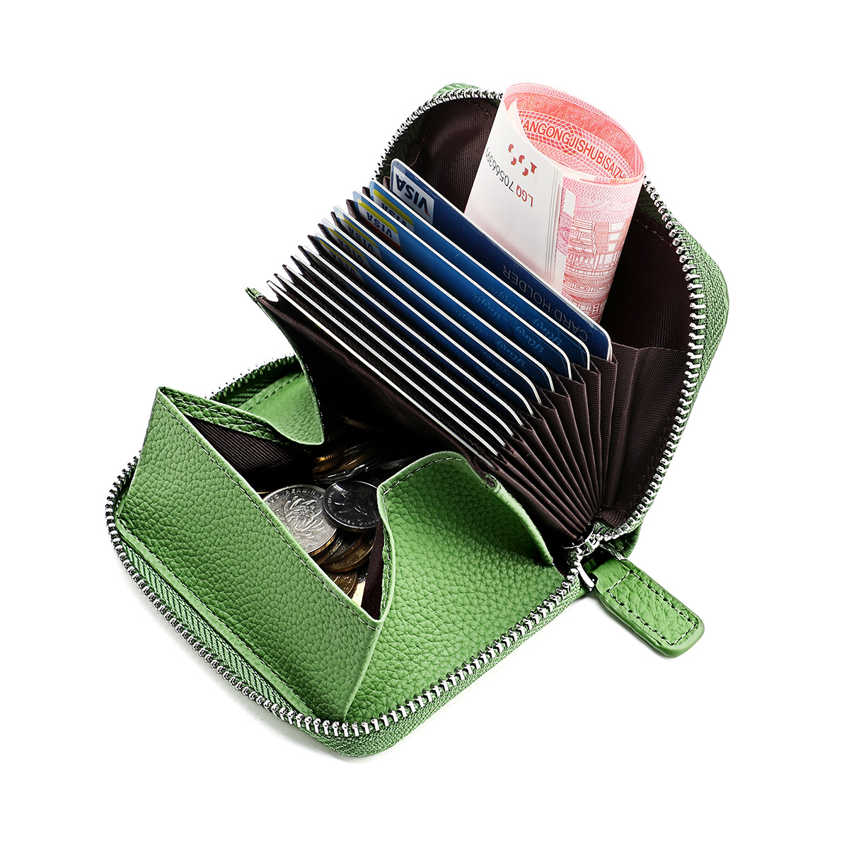 Amazon Japonés Cartera de cuero genuino MONEDERO órgano titular de la tarjeta RFID antirrobo cremallera monedero de la moneda de gran capacidad titular de la tarjeta