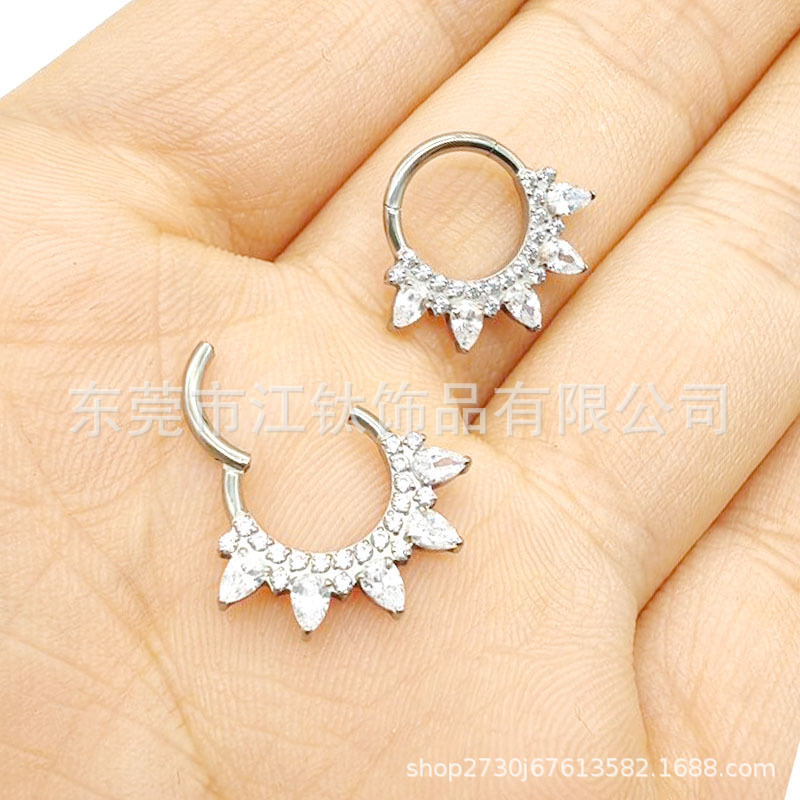Titanium Nose Ring Closed Hoop with Petals Inlaid 5A Zircon G23 ASTM F136 Body Piercing Jewelry detail image 8