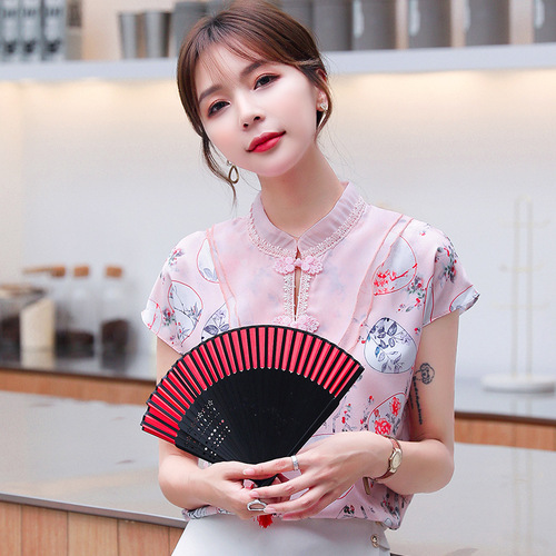 Chinese qipao tops blouses for women Printed pure silk shirt dress retro cheongsam blouses organza collar short sleeve shirts