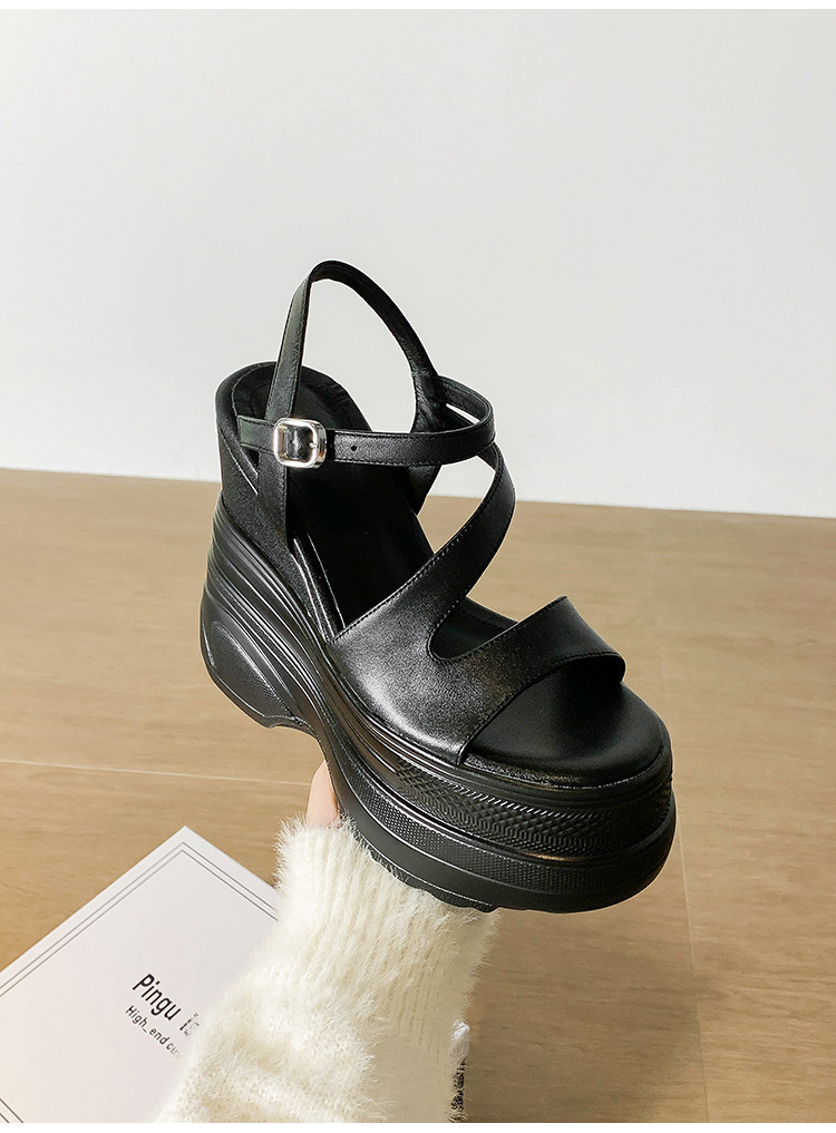 Sandal cao gót nữ hở mũi đế xuồng platform da bò thật, gót 12 cm, phong cách La Mã — màu đen, màu trắng, màu mơ chi tiết 23