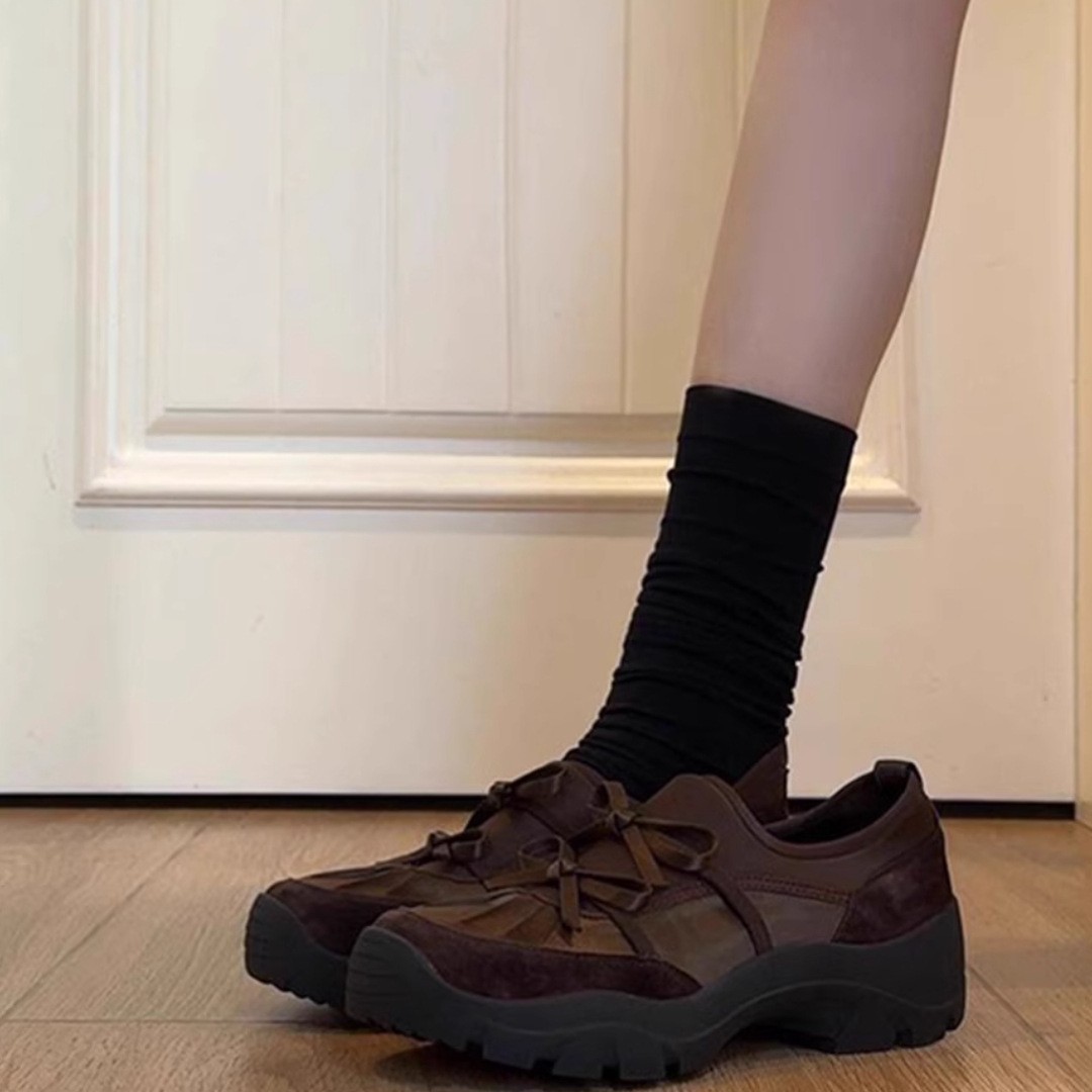 Ready-Made Version ~ Niche Ballet Style Bow Sports Loafers for Women Retro Suede One-Leg Thick-Soled Small Leather Shoes