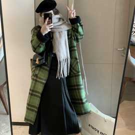 两面穿绿色格子羊羔毛大衣女长款宽松大码加绒加厚冬毛呢外套学生