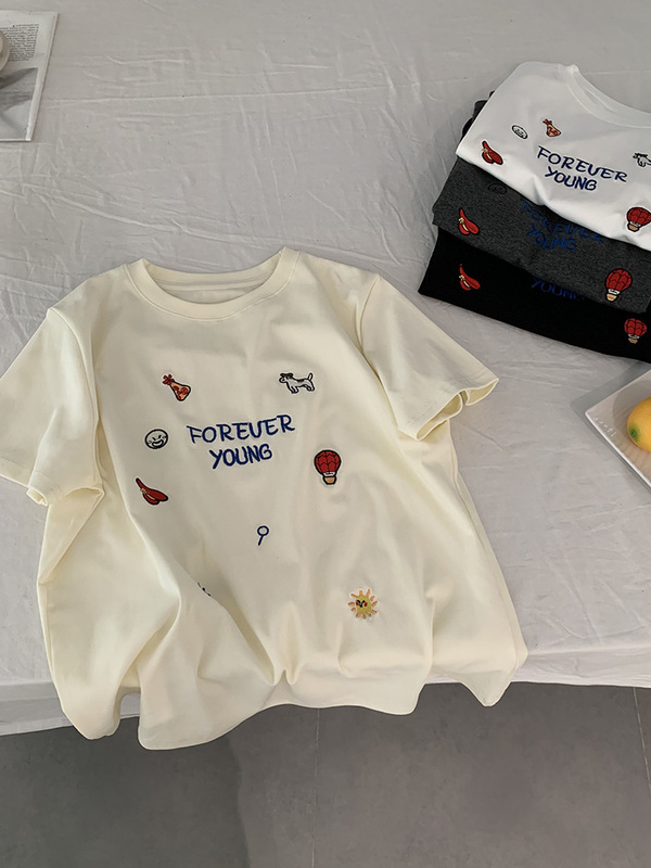 Omalai 刺繍レターパターンラウンドネック右肩半袖プルオーバー Tシャツ韓国風ファッショナブルな万能トップス女性用 3485|undefined