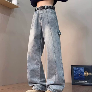 水洗牛仔裤男无弹文艺宽松拼接美式潮流长裤复古做旧多口袋蓝色