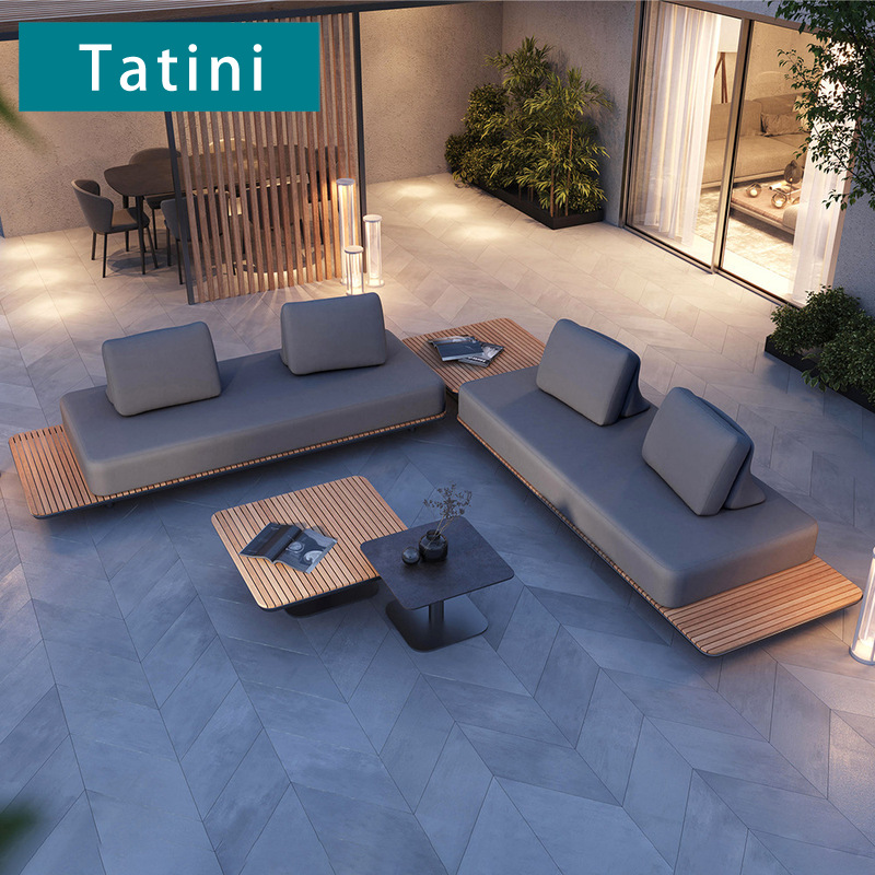 Sofá de teca al aire libre patio balcón terraza impermeable protección solar mobiliario de ocio combinación villa jardín sofá de madera maciza