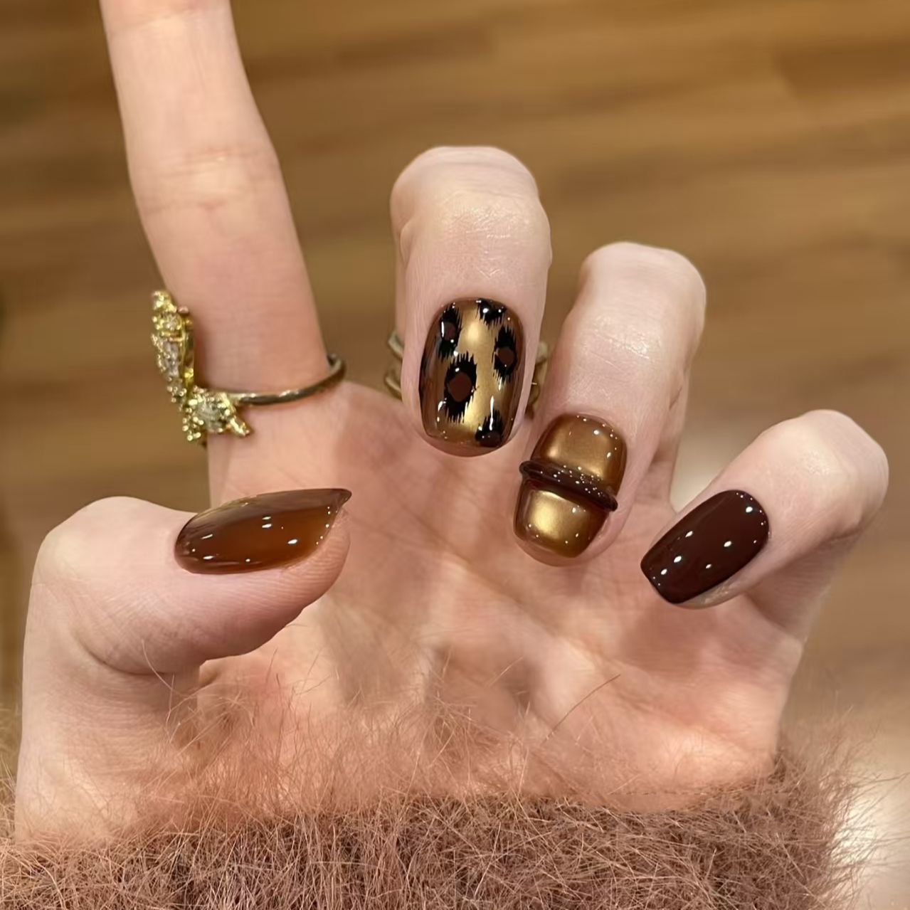 Otoño y invierno nuevo desgaste de uñas caramelo leopardo belleza de uñas parches de uñas de ojo de gato oscuro parches de uñas falsas