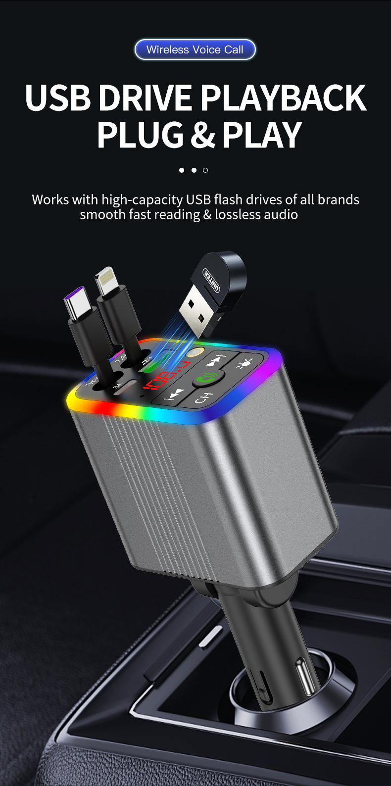 R3 car charger, Bluetooth MP3 receiver, starry sky ambient lighting, built-in retractable cable, fast charging, cross-border supply