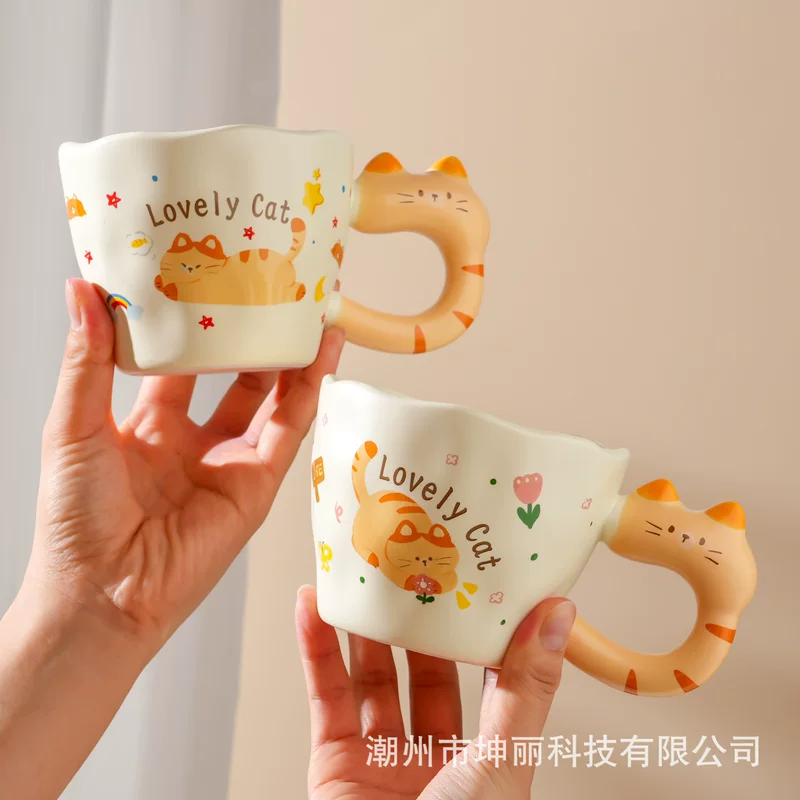 Ceramic Cat Mug with Lid, 400 ml, Cute Cat-Handle Coffee Cup