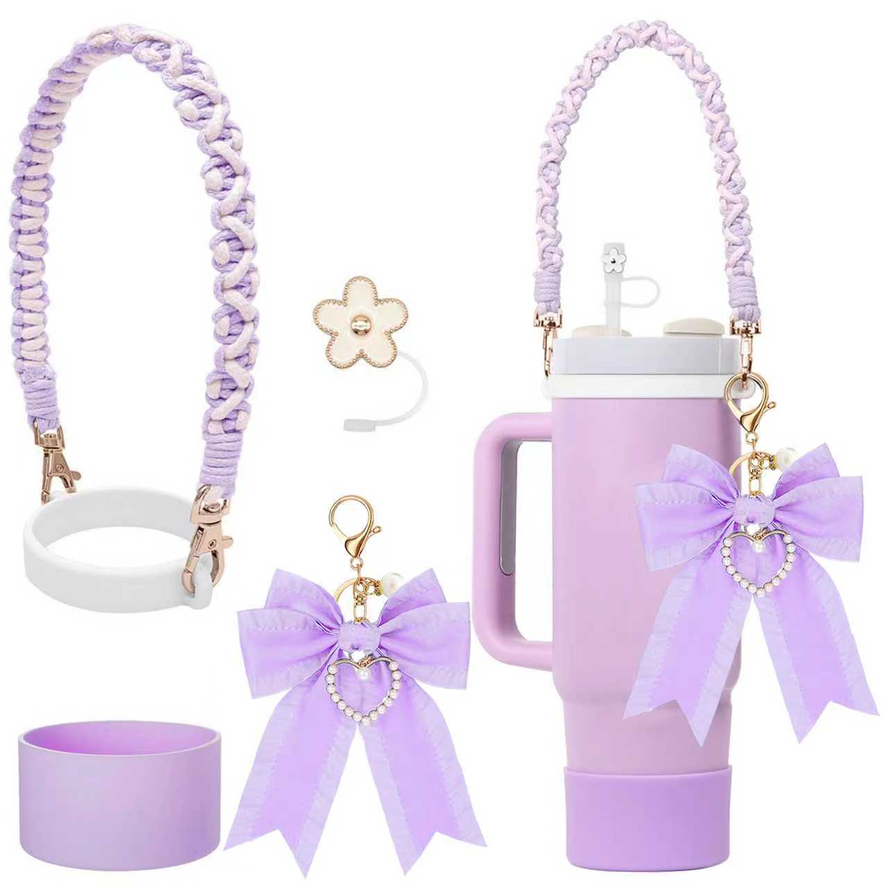 Nuevos productos Stanley taza de agua de mano cadena de taza de flores colgante de amor Begonia gorra de paja bola de peluche llavero