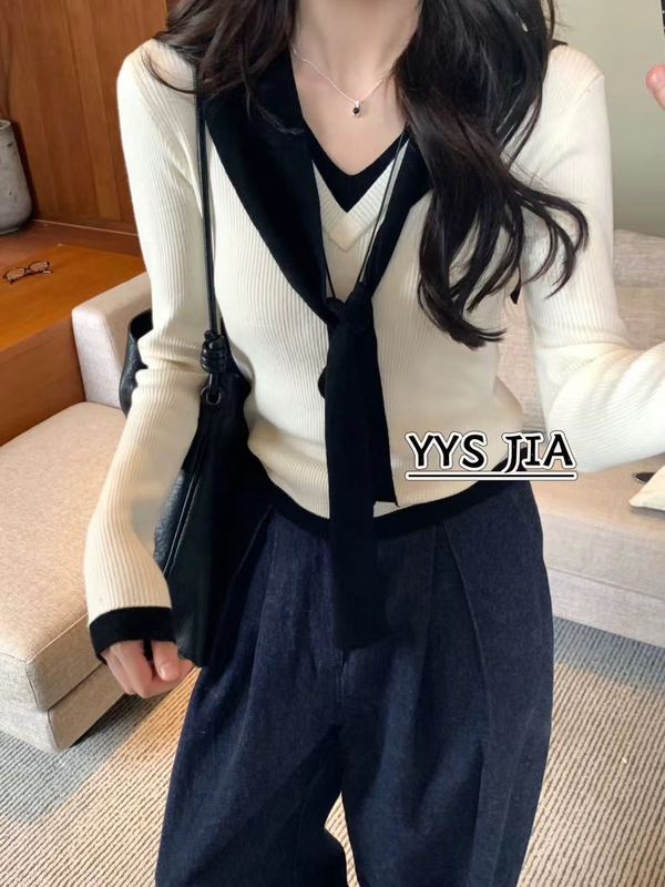 高级感撞色拼接V领针织衫女秋季新款叠穿外搭披肩长袖上衣两件套|undefined