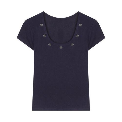 Blue Button-Decorated U-Neck Short-Sleeve T-Shirt for Women - Summer Design Sensibility Basic Style - Hot Girl Tight Short Top