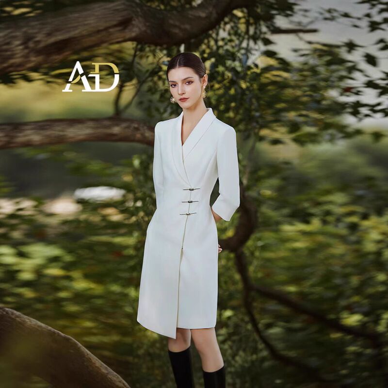 Ad Formal Occasion Suit Dress with a High-End Feel, Irregular A-Line Skirt, Chinese Style with Traditional Buttons, White Suit Dress Ad Formal Occasion Suit Dress with a High-End Feel, Irregular A-Line Skirt, Chinese Style with Traditional Buttons, White Suit Dress