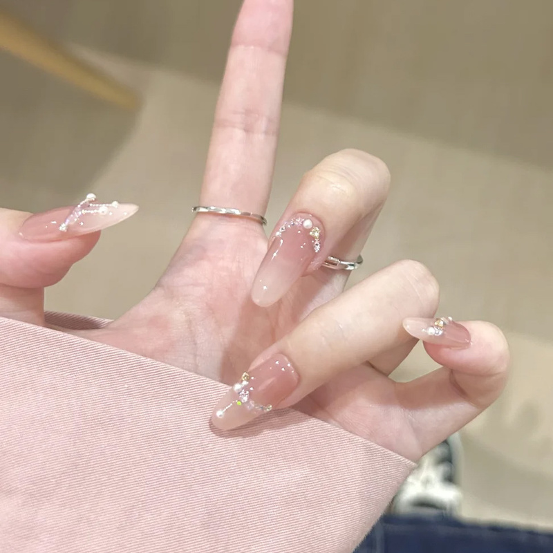 Handmade Wearable Nails【Angel's Tears】Gentle and Whitening Medium-Length Nude Color Bridal Wedding Nails Fake Nail Art Stickers Handmade Wearable Nails【Angel's Tears】Gentle and Whitening Medium-Length Nude Color Bridal Wedding Nails Fake Nail Art Stickers