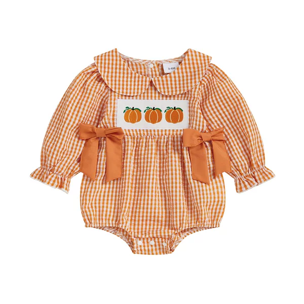 Orange Plaid Halloween Pumpkin Embroidered Baby Girl Romper Infant Toddler Cross-Border Foreign Trade
