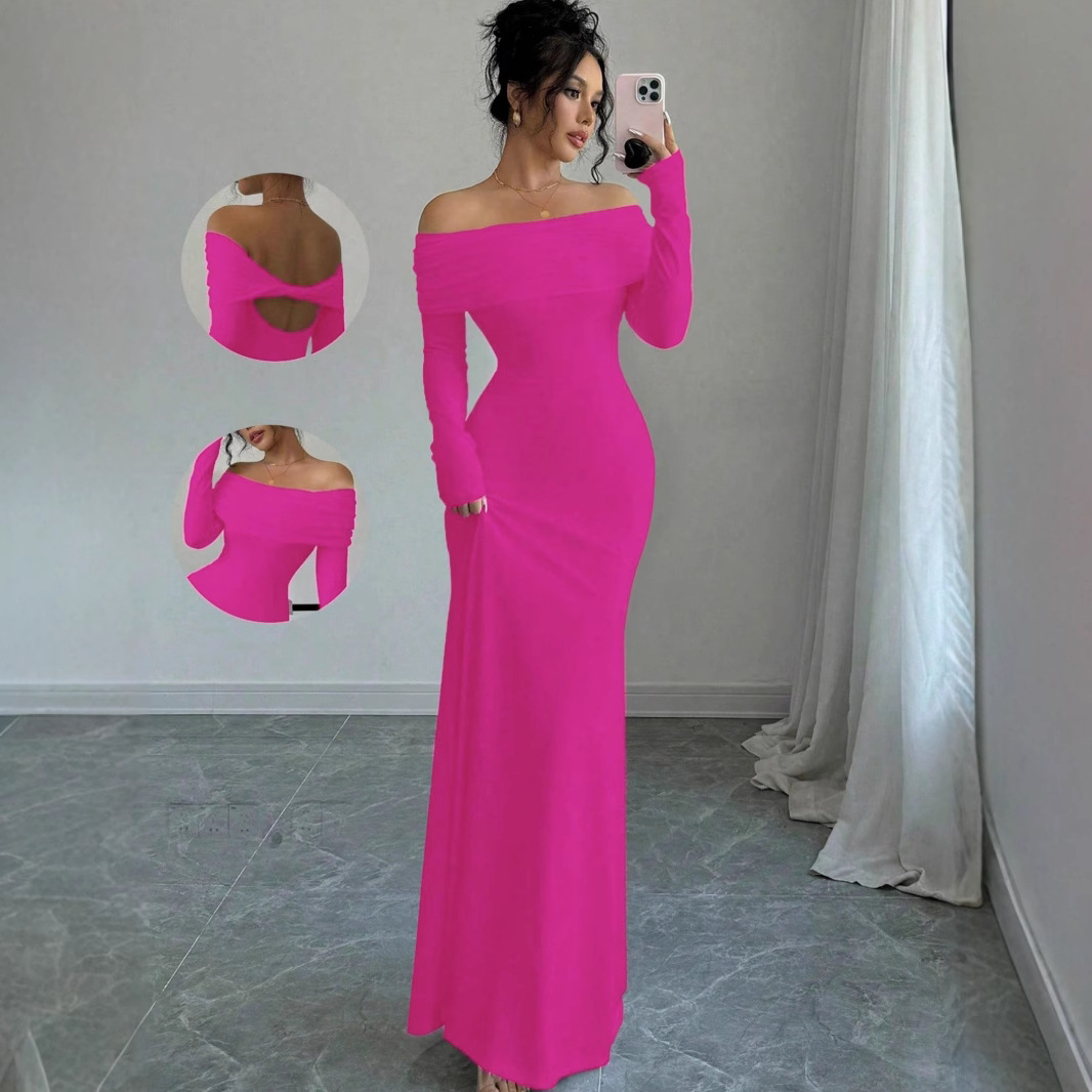 2025 Foreign Trade European And American Women's Clothing Cross Backless Sexy Off-Shoulder Elegant Long Dress_ecoleips.com