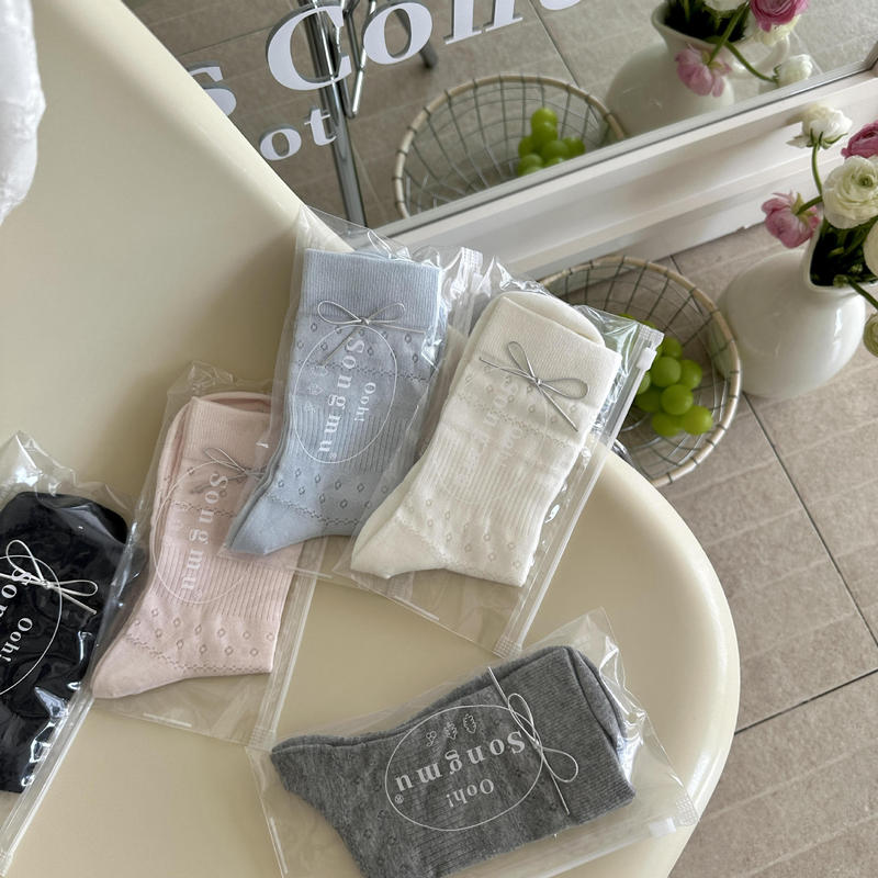 Songmu' Korean Leather Bow Girl Socks Boneless Mesh Pile Socks Women's Ins Sweet Medium Stockings