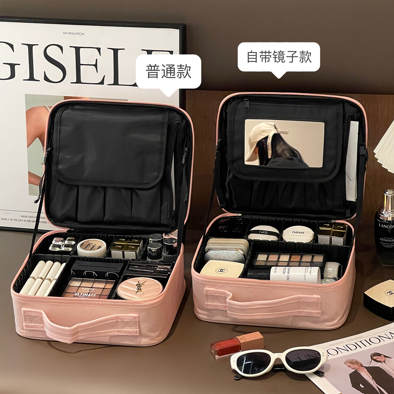 Bolsa de cosméticos transfronteriza de gran capacidad con espejo, productos portátiles para el cuidado de la piel de alto valor, bolsas de almacenamiento, mujeres