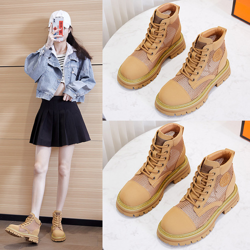 [High-definition silk cowhide] Women's Martin boots with increased height and permeable mesh, durable mesh rhubarb boots, thick-soled women's short boots