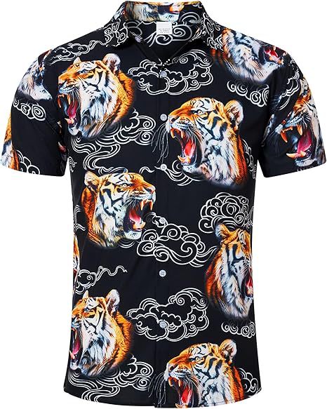 Divertido animal lindo 3D impresión digital hombre calle suelta salvaje manga corta solapa botón camisa hawaiana