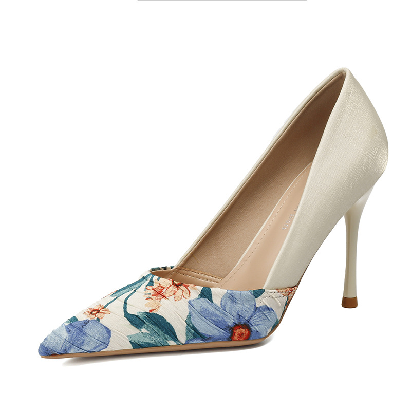 96378-3 Women's High Heel Single Shoes 2023 Spring/Summer New Spliced Pointed Shallow Mouth Thin High Heel Single Shoes for Women