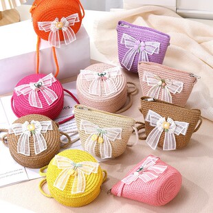Internet Celebrity Kidsren's Bag Female Cute Princess Bow Straw Bag Diagonal Shoulder Bag Girls Fashion Mini Round Bag