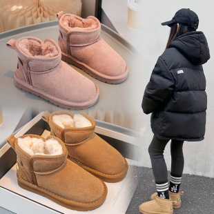 Genuine Leather Children's Snow Boots 2025 Winter New Style Girls' Cotton Shoes with Fleece and Thickened Boys' Short Boots Cotton Boots Large Cotton Shoes