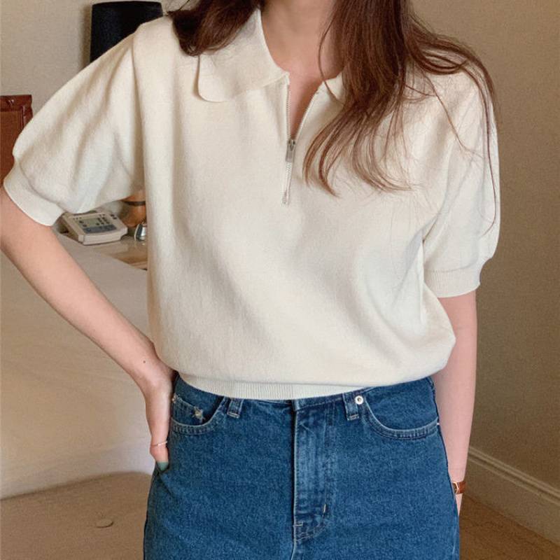 领针织衫短袖恤女夏薄款拉链翻领潮韩版别致洋气短款上衣|undefined