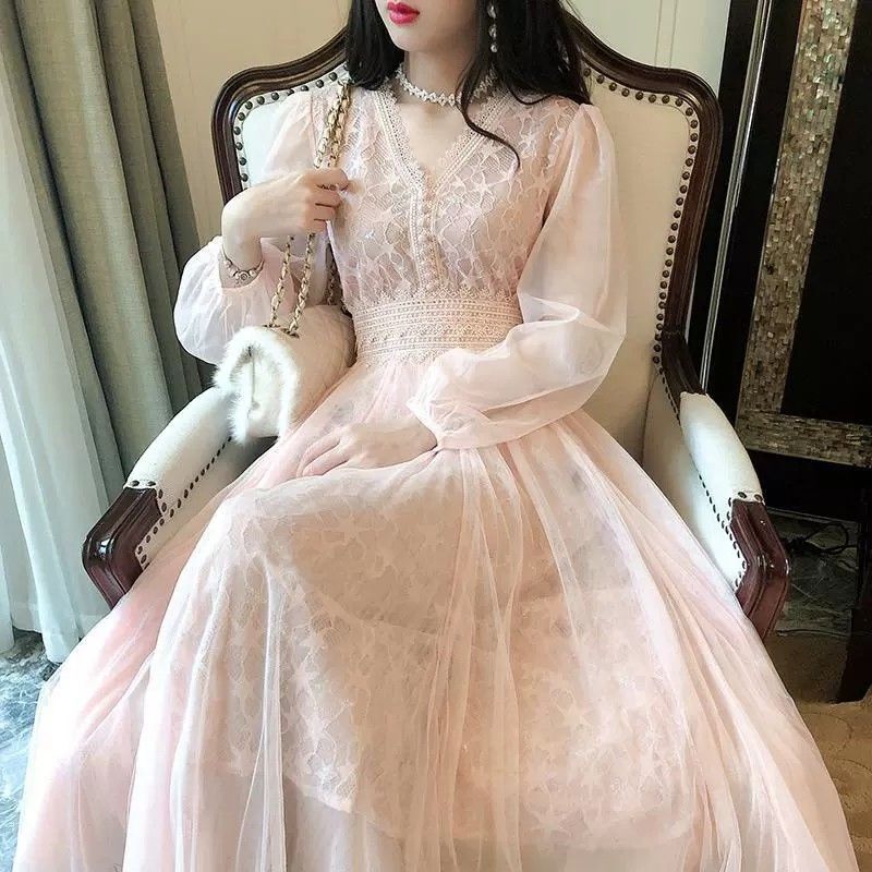 Chanel-Style Mesh Dress for Women, 2025 Autumn New Korean Version, Fairy-Like Dress, Waist-Cinching, Slimming, Base Long Dress