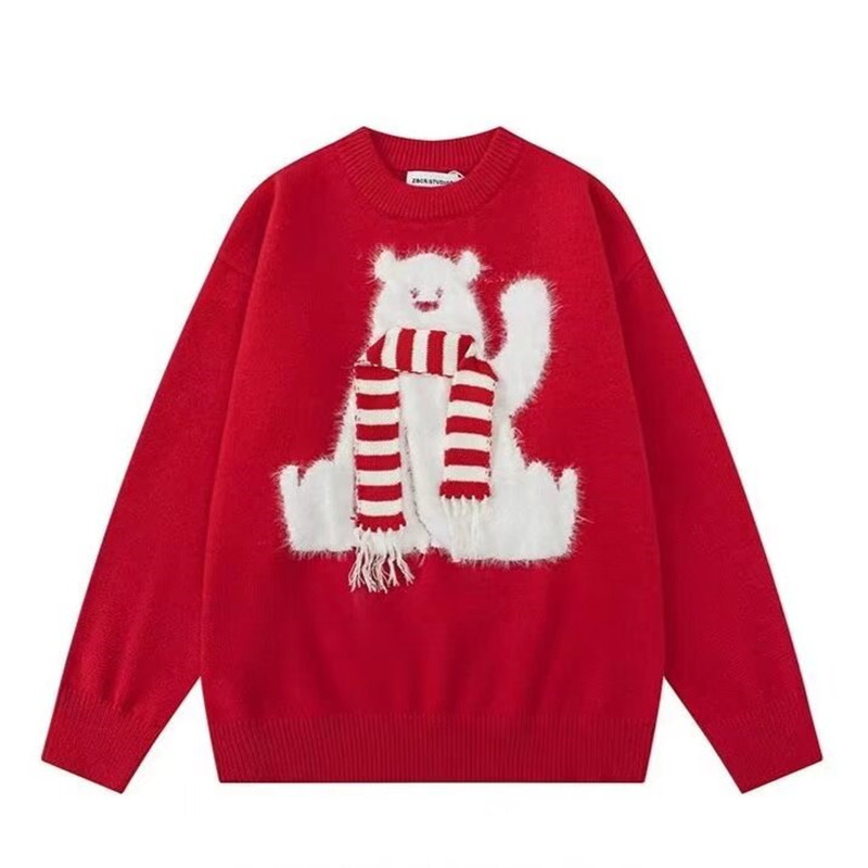 Red Round-Neck Pullover Christmas Sweater for Men and Women, Autumn and Winter Lazy Style Polar Bear Couple's New Year's Knitwear