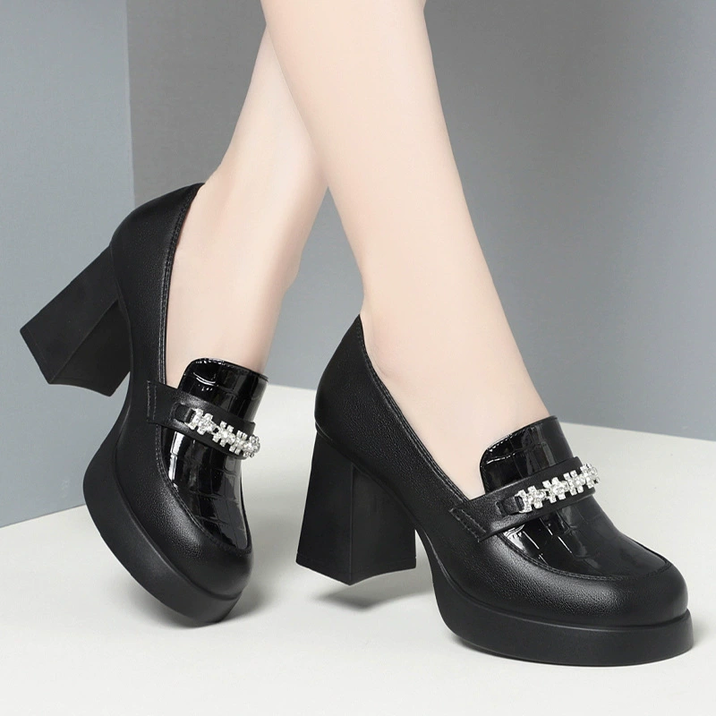 Женские лоферы на высоком каблуке 8 см, осенние однослойные туфли на 2023 г., новые женские кожаные туфли с глубоким носком, непромокаемые туфли Мэри Джейн на платформе