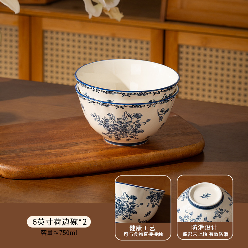 Conjunto de cubiertos de cerámica china de color azul al por mayor de alto valor de platos pareja platos de comedor retro platos de platos caseros