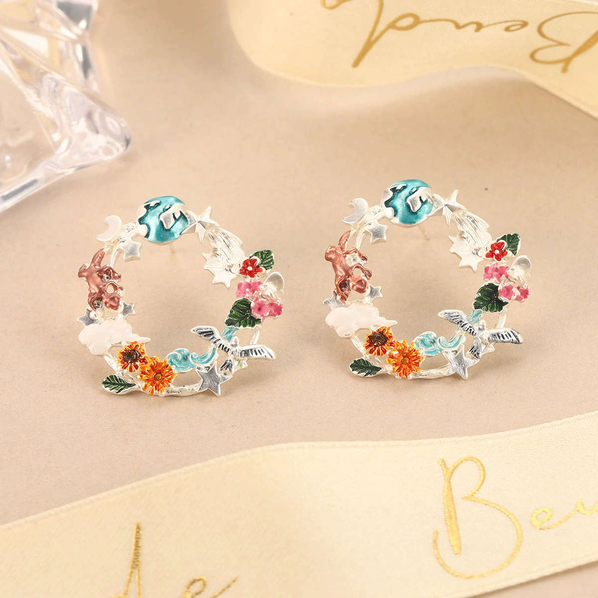 (Cross-border trading), retro earrings, enamel, accessory, flowered