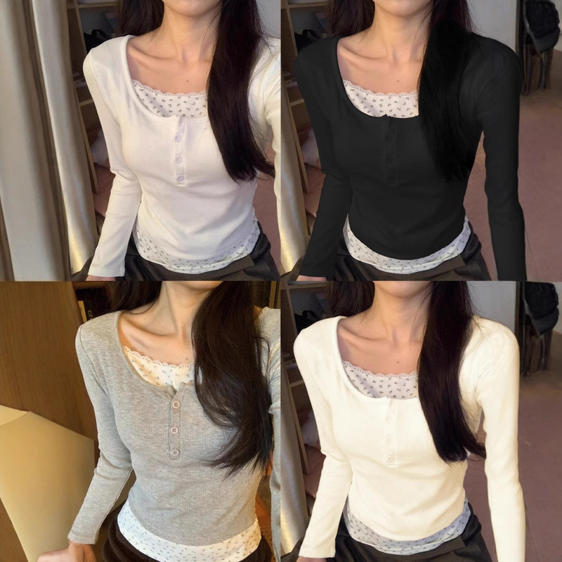 5069 Pure Desire Spice Girl Fake Two-piece Lace Stitching Floral T-shirt Women's Autumn and Winter Design Sense Top with Chest Pad