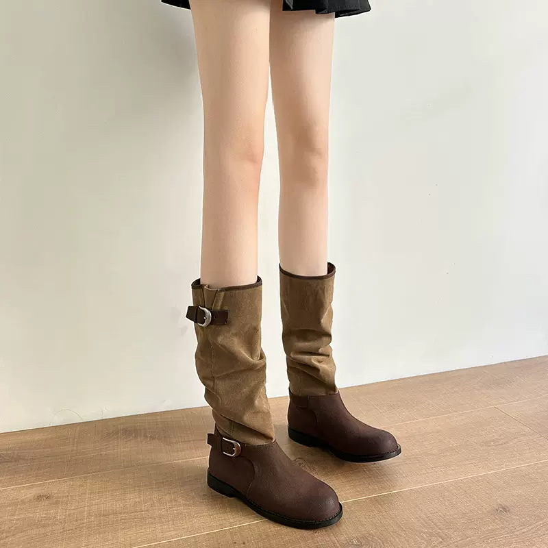 董洁同款长筒拼接堆堆靴麂皮圆头中筒靴子春秋新款两穿骑士靴子女