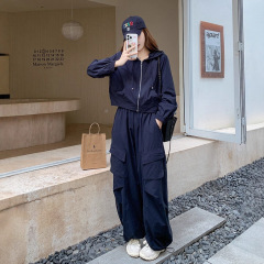 藏青松弛感系休闲运动套装女2025秋韩系连帽工装外套阔腿裤两件套
