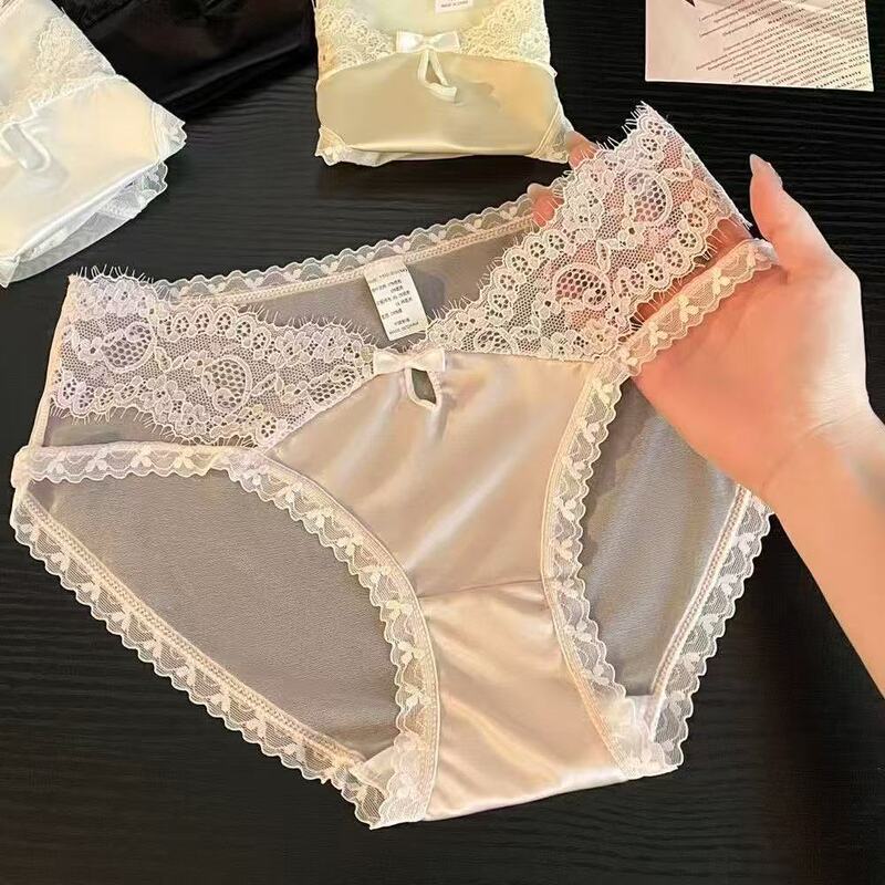 Private Goods ~ Japanese Style Lace Panties Thin Mid-Low Waist Transparent Hollow Pure Cotton Crotch Temptation Briefs for Women