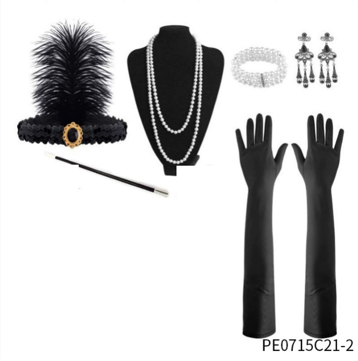 Vintage 1920s FLAPPER niña ropa diadema lana raya guantes de plástico falso tabaco varilla Gatsby traje