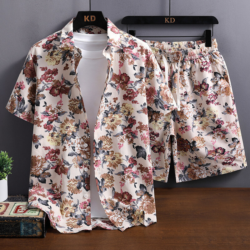 Summer Trendy Floral Shirt and Shorts Set for Young Men, Fashionable and Stylish Short-Sleeve Shirt and Beach Pants Two-Piece Set