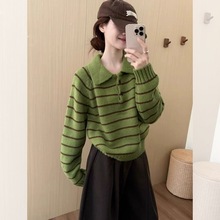 秋冬宽松减龄长袖针织衫上衣韩系撞色条纹翻领半纽扣套头毛衣女